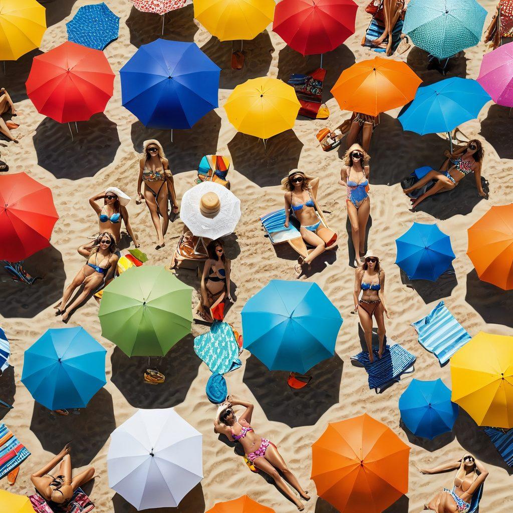 A vibrant beach scene featuring diverse models showcasing stylish, glittering swimwear under a bright sun. The ocean waves crash in the background, with colorful beach umbrellas and sun loungers adding to the lively atmosphere. Include accessories like oversized sunglasses, sun hats, and beach bags to enhance the fashion aspect. The overall image should evoke a fun and carefree summer vibe. super-realistic. vibrant colors. sunny background.