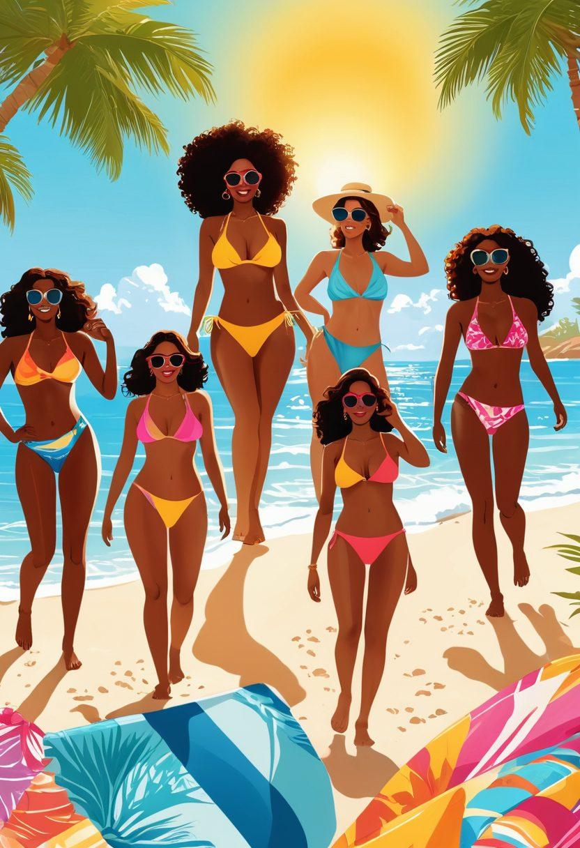 A vibrant beach scene showcasing a diverse group of women of different body types and ethnicities, confidently wearing trendy bikinis and colorful swimwear. The background features crystal clear waves and bright sun, with beach accessories like sunglasses and beach towels scattered around. Add elements of summer such as palm trees and a clear blue sky to enhance the summery vibe. vector art. vibrant colors. sunlit background.