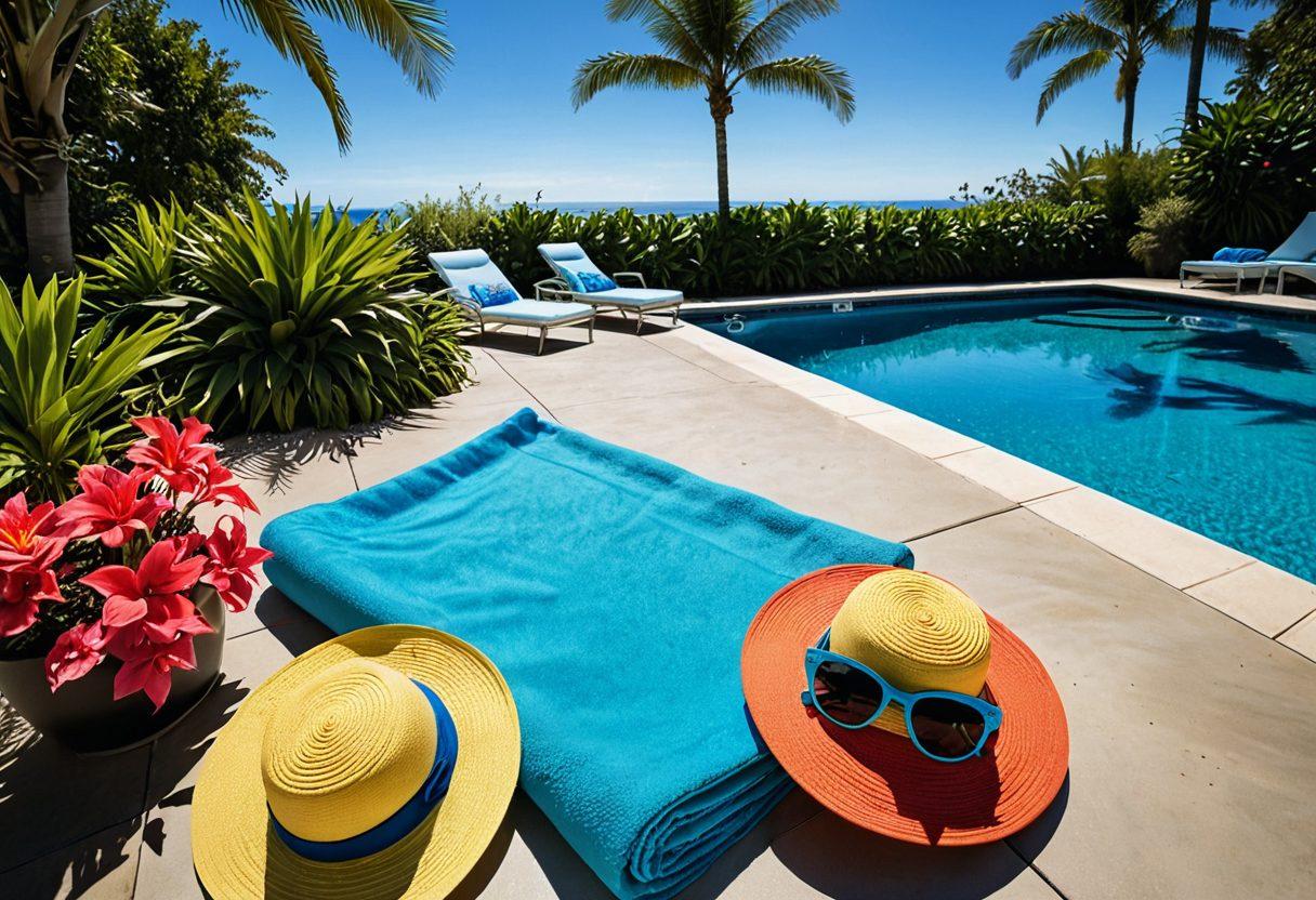 A vibrant poolside scene showcasing stylish swim accessories like colorful beach towels, trendy sunglasses, a chic sun hat, and a fashionable pool float. The background features a sparkling blue swimming pool and lush tropical plants, evoking a summer paradise atmosphere. Include a bright sun shining in a clear blue sky. super-realistic. vibrant colors.